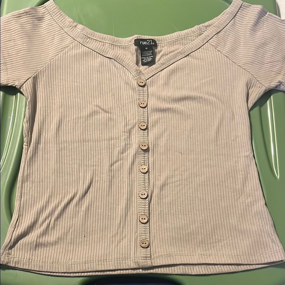 Rue21 Ribbed Button-Down Top in Beige